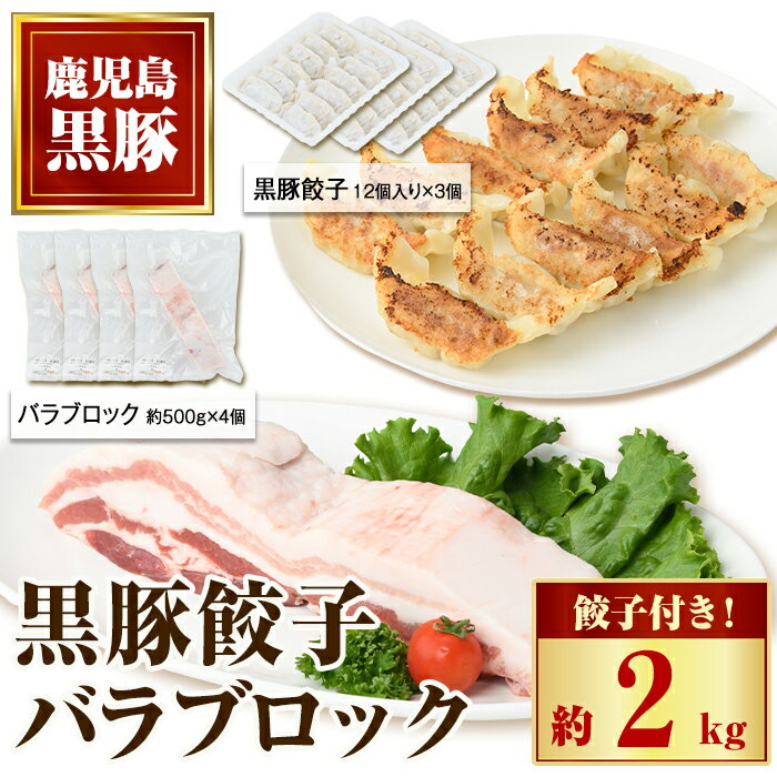 【ふるさと納税】鹿児島県産黒豚バラブロック(計約2kg・約500g×4P)、黒豚餃子(12個入×3P)セット！ 鹿児島 国産 九州産 黒豚 豚肉 お肉 バラ ブロック 餃子 ぎょうざ 角煮 焼肉 叉焼 焼豚 チャーシュー おかず 惣菜【和田養豚】