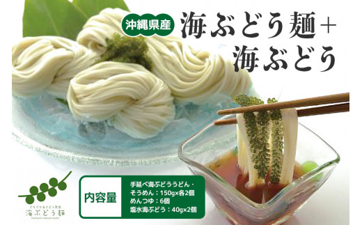 海ぶどう麺 ＜ 6食 セット ＞+ 海ぶどう 沖縄県産 海ブドウ たれ付き そうめん うどん めんつゆ 付き 麺 無着色 沖縄 特産品 沖縄グルメ 海藻 海ぶどう丼 サラダ おつまみ おかず 沖縄料理 常温保存 贈答用 ギフト 産地直送 沖縄県 糸満市