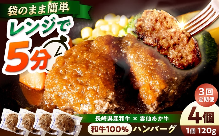 
                  【3回定期便】 【レンジ調理】 和牛100％ハンバーグ4個 長崎県産和牛と希少あか牛（A4またはA5ランク） 長与町/炭火焼肉あおい [EBW078]
                