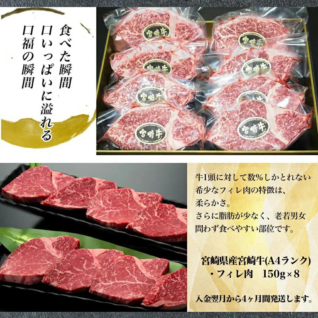 宮崎牛 希少部位フィレ肉の定期便（4ヶ月）〔T166（4）-8401〕_(都城市) 牛肉 宮崎県産宮崎牛 (A4ランク) フィレ肉 (150g×8) ヒレ肉 ヘレ肉 希少部位 4等級 ブランド牛 株式