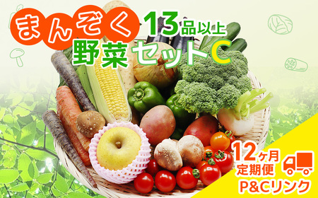 【12ヶ月 定期便】まんぞく野菜セットC 13品 以上 季節 旬 野菜 詰め合わせ 春野菜 夏野菜 秋野菜 きのこ 葉物 果物 果菜 根菜 冷蔵 野菜室 ダイエット 食 栄養食 加工品 カット野菜 岩手県産 北上産 季節限定 稀少 数量限定 山菜 ブロッコリー たまねぎ さつまいも とうもろこし サラダ トマト しいたけ アスパラガス 岩手県 北上市 Q0005 P＆Cリンク