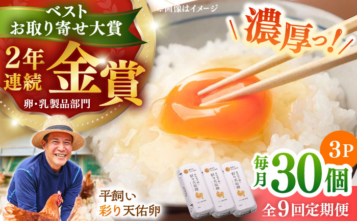 【全9回定期便】黄身の濃厚なコクと白身の甘み！たたらの里平飼い 彩り天佑卵 30個入り（10個×3P）たまご 卵 放牧卵 平飼い卵 新鮮 国産 島根県雲南市/株式会社たなべたたらの里（たなべ森の鶏舎） [AIDL004]
