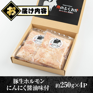 【P79005】豚生ホルモンにんにく醤油味付(計1kg・250g×4) 鹿児島 豚肉 ホルモン にんにく 醤油 おかず 味付け 冷凍 お弁当【肉のふくおか】