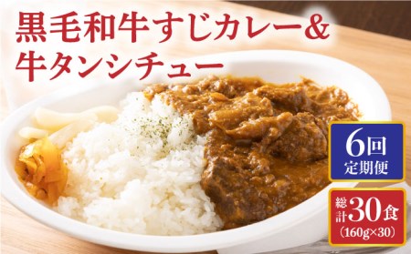 【全6回定期便】 黒毛和牛 牛すじカレー ＆ 牛タンシチュー 毎月5食 長与町/炭火焼肉あおい  [EBW004]  黒毛和牛 カレー かれー レトルト 牛タン 牛たん シチュー しちゅー 簡単 常温 定期便 定期 ていきびん