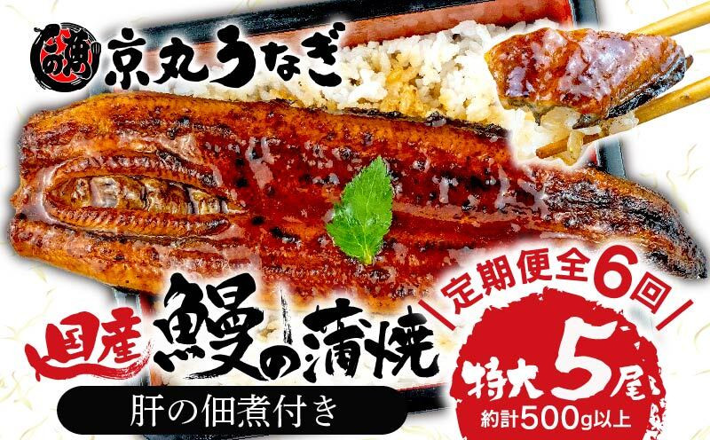 
            【 6カ月定期便 】国産 うなぎ 蒲焼 鰻 たっぷり 5尾 約500g 冷凍 小分け 肝 佃煮 ギフトボックス セット 老舗 専門店 うなぎ処京丸 定期便 人気 静岡 静岡県 土用 丑の日
          