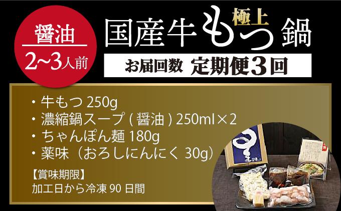 ＜定期便・全3回＞ミシュラン掲載！国産牛 もつ鍋 醤油味セット 2～3人前【博多もつ鍋 星まつり】