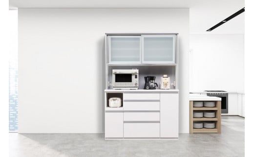 （ホワイト柾目）【開梱設置/受注製作】 ネオ キッチンボード 幅140cm 耐震 引き戸 食器棚 オープンボード 完成品 カップボード ダイニングボード 140幅 大川家具