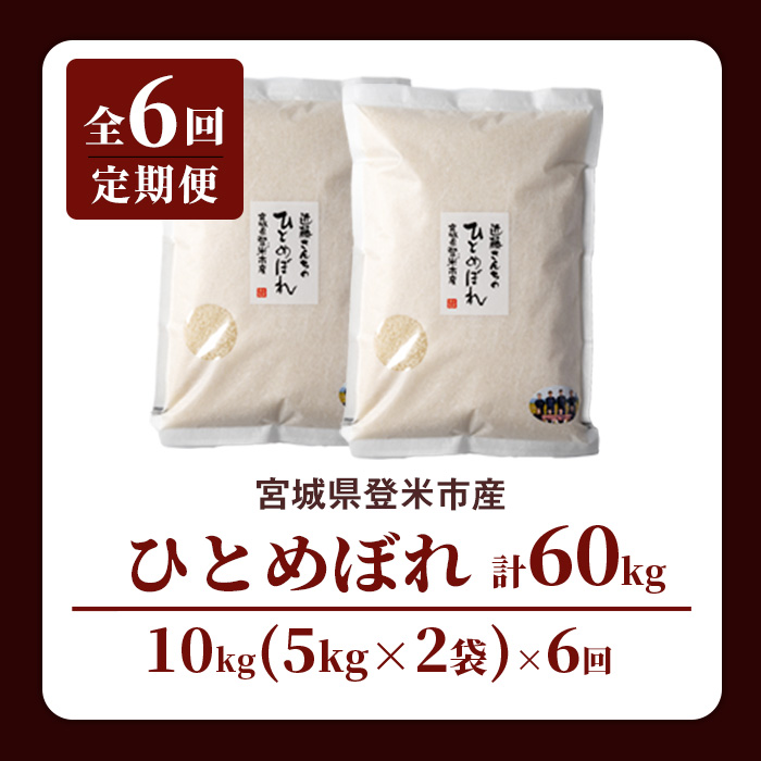 【6回定期便】≪令和7年産≫ ひとめぼれ 精米 計60kg(10kg×6回) 宮城県登米市産 お米 おこめ 米 コメ 白米 ご飯 ごはん おにぎり お弁当 【株式会社近藤農産】tm498