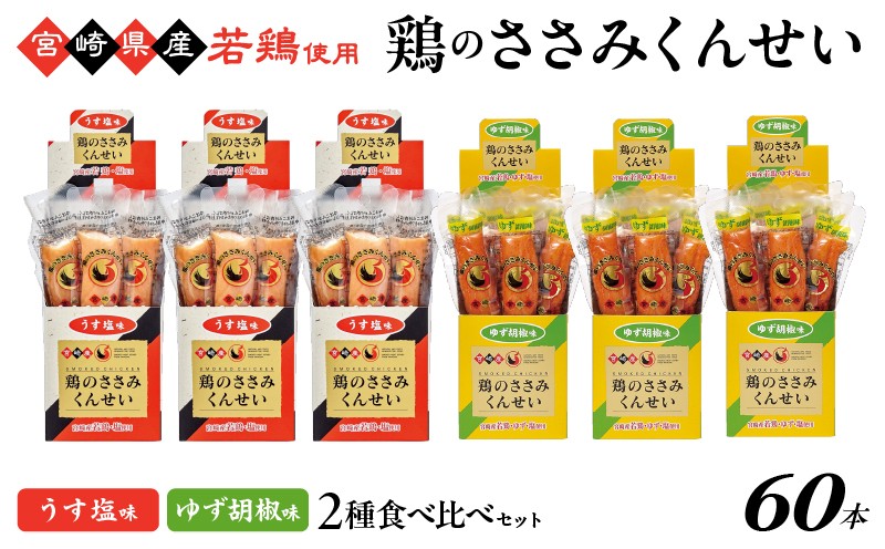 
            鶏のささみくんせい 2種食べ比べ 60本セット ＜うす塩・ゆず胡椒 ＞ おつまみ スモーク チキン 燻製
          