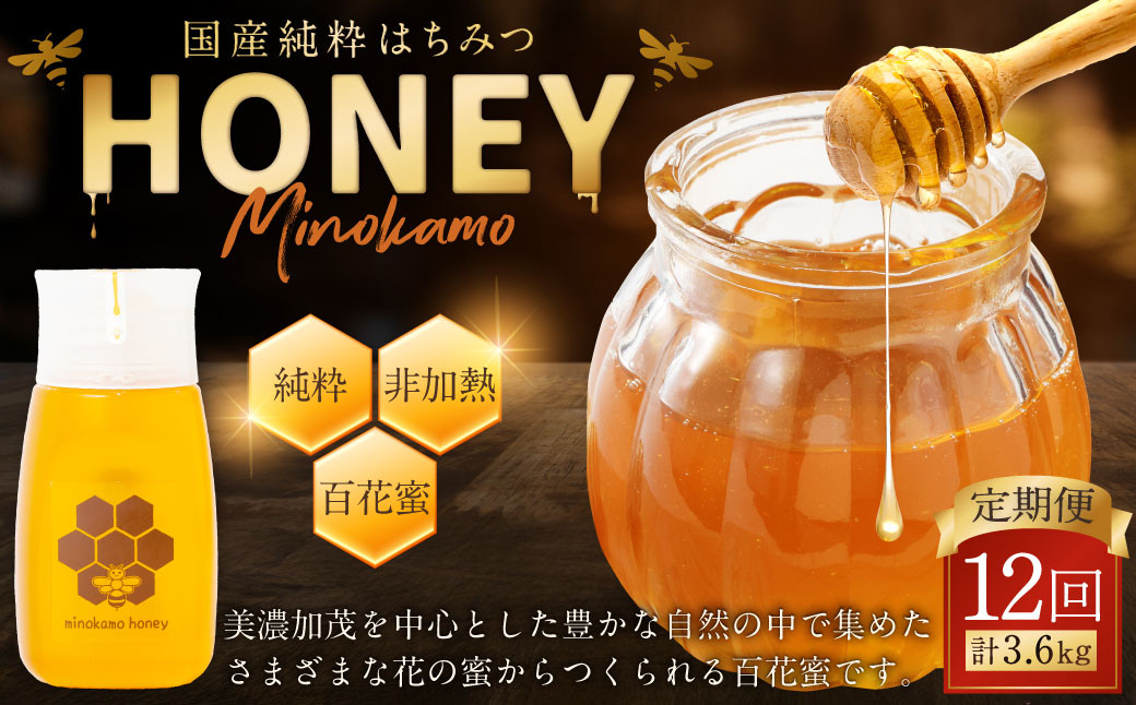 
            【12ヶ月定期便】国産 無添加 MINOKAMO HONEY はちみつ 1本（300g）×12回 ｜ 藤井養蜂 蜂蜜 ハニー 非加熱 純粋 百花蜜 定期便 岐阜
          