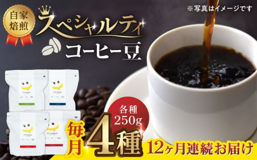 
【12回定期便】【豆のまま】自家焙煎 スペシャルティコーヒー 豆 （ 250g × 4種 ）約80杯分【かきやま果実】珈琲豆 深煎 中煎 コーヒー豆 焙煎 熊本 コーヒー豆定期 おうちカフェ [ZCJ018]
