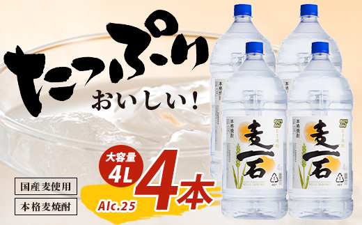 【年内お届け】 球磨焼酎【麦一石】4L×4本 エコペット 25度 計16L 麦焼酎 蔵元直送 ※12月18日～28日発送※ 年内発送 年内配送 クリスマス 040-0588-R612