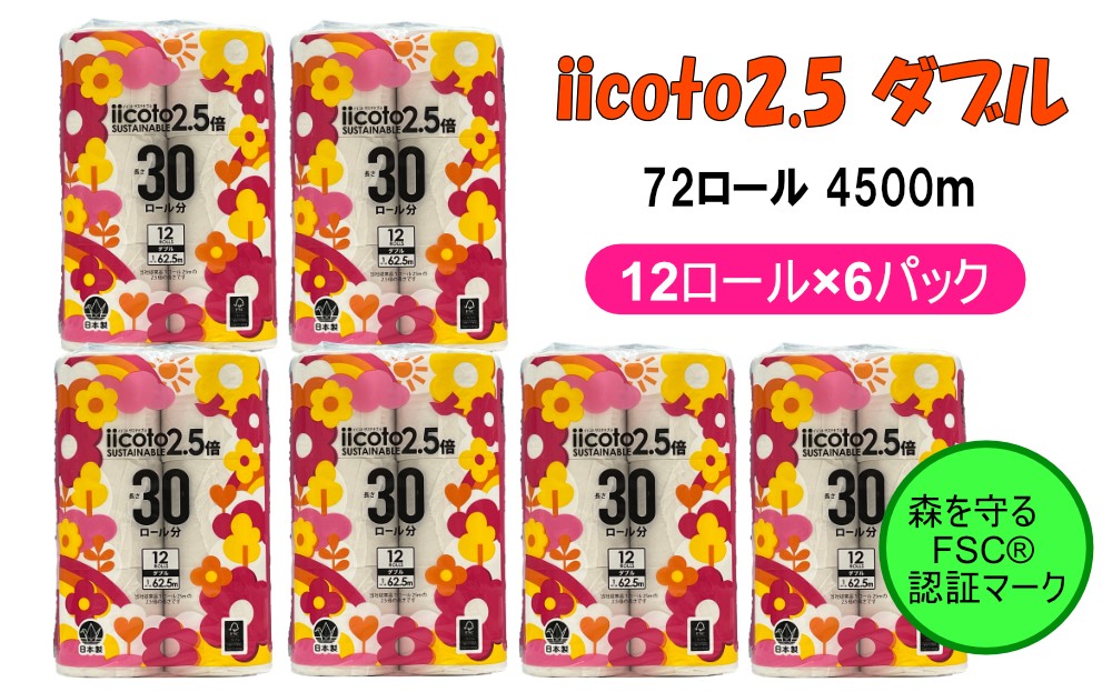
                  トイレットペーパー iicoto2.5 ダブル 72ロール 4500m（12ロール×6パック×62.5m）
                