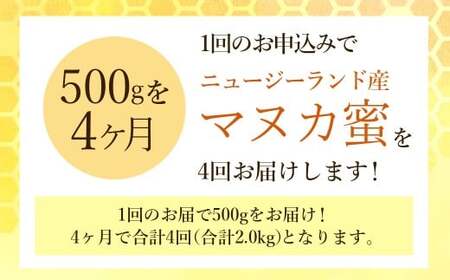 【4ヶ月定期便】ニュージーランド産 マヌカ蜜 約500g×4ヶ月 ／ 計約2kg マヌカハニー マヌカ モノフローラル・マヌカハニー 蜂蜜 はちみつ ハチミツ 健康食品 定期便 杉養蜂園