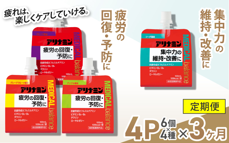 【3か月定期便】アリナミンメディカルバランス 4種セット（ソーダ味、グレープフルーツ味、アップル味、グレープ味） ／ ゼリー フルスルチアミン ビタミンB2 B6 タウリン【tept-tkb013】