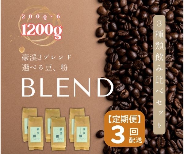 【ふるさと納税】総社珈琲 1200g 3種飲み比べ 200g ×6 名勝豪渓編 コーヒー 珈琲 コーヒー豆 珈琲豆 コーヒー粉 粉 定期便 3回【 自家焙煎 飲料類 飲料 ドリンク 】【ドリップレシピ付き】