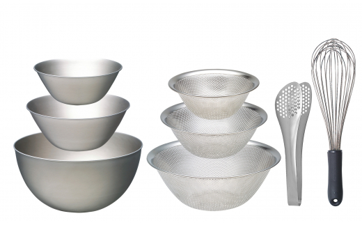 柳宗理デザイン ステンレスボウル3点 & パンチングストレーナー3点(16,19,23cm) & ステンレストング穴あき & 泡立て セット FC040080