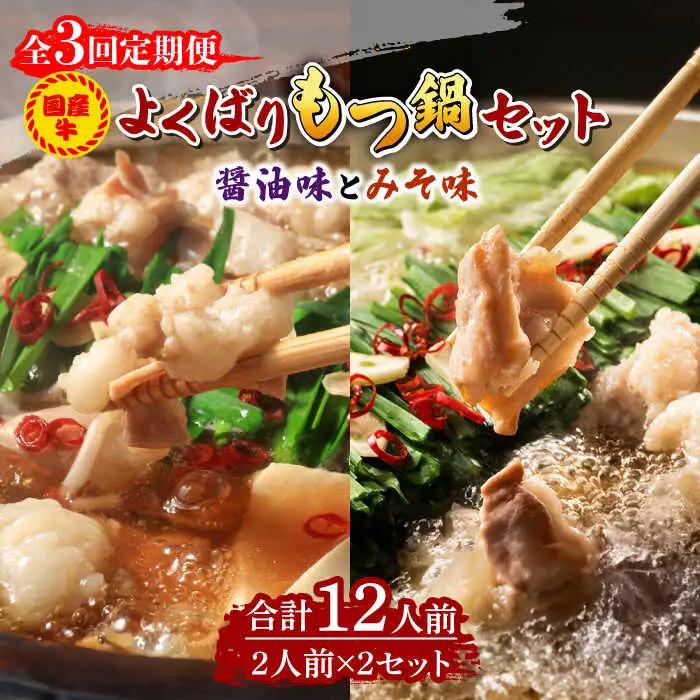 【全3回定期便】国産牛 もつ鍋 セット 醤油味2人前&みそ味2人前（計4人前）米粉麺 [ABCJ138]