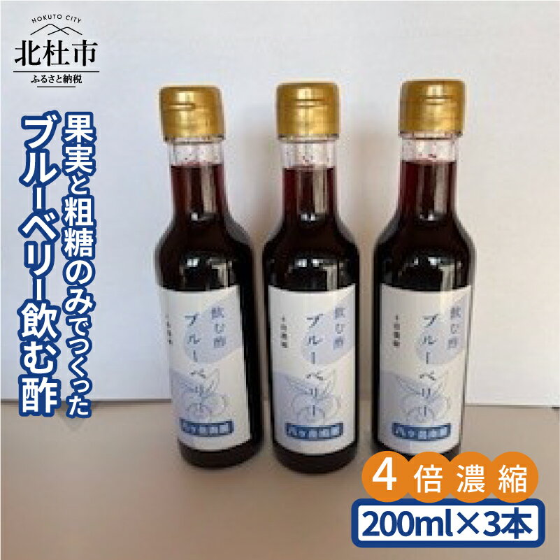 【ふるさと納税】ブルーベリー ビネガー 果実酢 フルーツ 酢 飲む酢 200ml 3本4倍濃縮 ドリンク 濃縮 ハイブッシュブルーベリー 熟成 まろやか 果実丸ごと ドレッシング 隠し味 添加物不使用 化学調味料無添加 合成保存料 着色料 香料 不使用 ギフト 山梨県 北杜市 送料無料