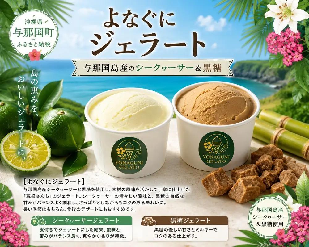 よなぐにジェラート （与那国島産のシークヮーサー ＆ 黒糖） 各2個  合計4個 KM-1│沖縄県 与那国町 与那国島 スイーツ デザート おやつ ジェラート アイス シークヮーサー 黒糖 食べ比べ セット 贈答 ギフト