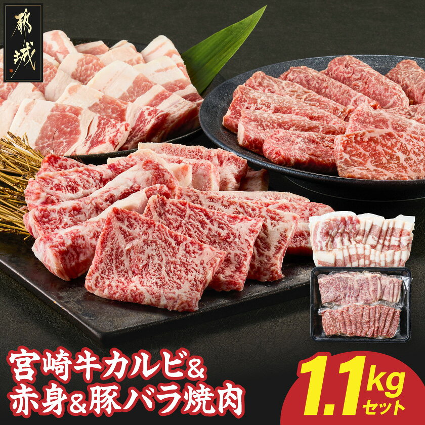 【ふるさと納税】宮崎牛カルビ＆赤身＆豚バラ焼肉セット1.1kg - 都城産 宮崎牛 カルビ焼肉 赤身(うで・もも)焼肉 都城産豚 バラ焼肉 真空 お家焼肉 焼肉 焼肉セット バーベキュー 送料無料 18-25-022【宮崎県都城市】