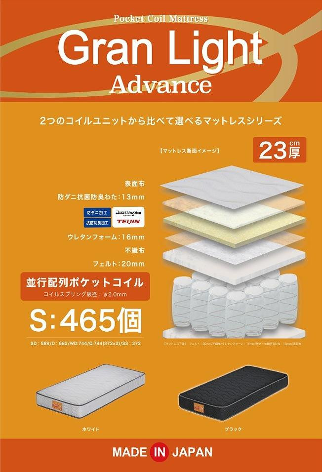 
                  シングルサイズ 国産ポケットコイル マットレス グランライトアドバンス【全2色】
                
