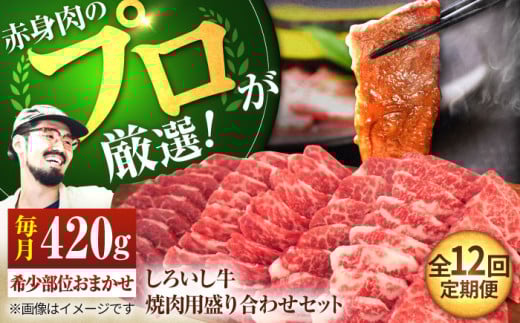 【牧場直送】【12回定期便】佐賀県産 しろいし牛 焼肉用 盛り合わせ セット（希少部位）各回420g【佐賀セントラル牧場】佐賀県産 肉 お肉 牛肉 焼き肉 BBQ バーベキュー モモ カタ 肩 バラ 九州 佐賀県 白石町 [IAH046]
