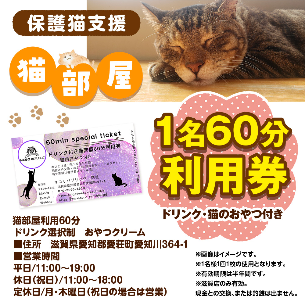 保護猫支援 猫部屋１名６０分利用券 ドリンク・猫のおやつ付き BR05