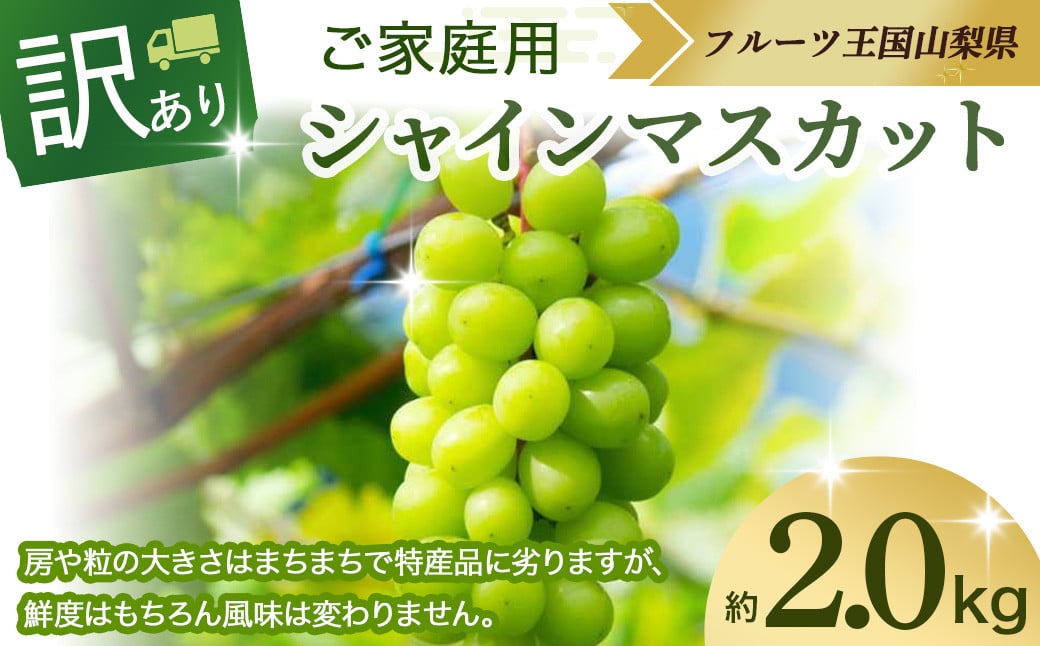 
【2025年発送】ご家庭用 シャインマスカット 2㎏ 先行予約 訳あり ワケアリ わけあり 山梨県産 国産 産地直送 人気 おすすめ 贈答 ギフト お取り寄せ フルーツ 果物 くだもの ぶどう ブドウ 葡萄 新鮮 甘い 皮ごと 種なし AV-22
