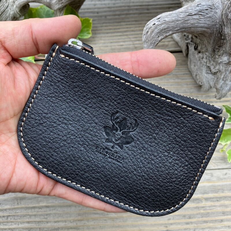 広島ジビエレザー　東広島産天然鹿革　本革ファスナー小銭入れ お札もカードも入るコインケース　【01ブラック】