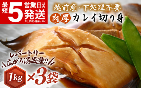 越前産 カレイ 切り身 合計3kg（1kg×3袋） 煮付け 肉厚な切り身かれい （無塩）【 魚 煮魚 切身 魚の切り身 煮付け 】 [e15-a033]