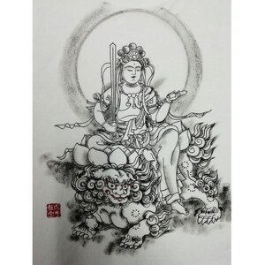 手描きTシャツ 仏画 文殊菩薩 白 (半袖 Mサイズ)【1615173】