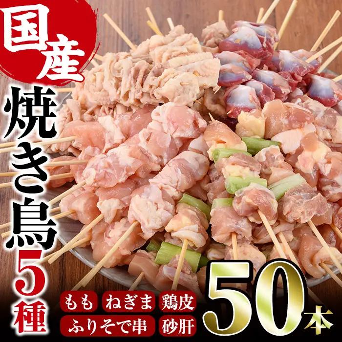 ＜訳あり・簡易包装＞ 焼き鳥 5種 食べ比べ セット(合計50本・5種各10本)国産 鶏肉  小分け 【V-16】【味鶏フーズ 株式会社】