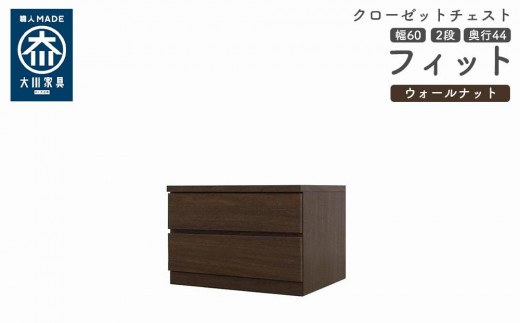 
            クローゼット チェスト 幅60 2段 奥行44 ウォールナット色 タンス 押入れ収納 衣類収納 桐 箪笥 大川家具 丸田木工 フィット
          