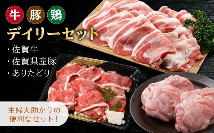 
                  【おうちごはんを応援】三栄のデイリーセット＜牛 豚 鶏＞【肉の三栄】 [HAA059] 牛 豚 鶏 佐賀牛 切り落とし 鶏肉 豚肉 ありたどり 牛肉 黒毛和牛 佐賀 和牛
                