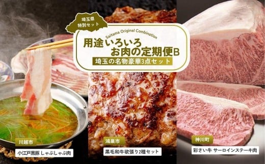 【全3回定期便】用途いろいろお肉セットB | 牛肉 黒毛和牛 国産牛 ステーキ ハンバーグ 肩ロース カタロース ロース肉 ヒレ肉 スライス 彩さい牛 ブランド牛 サーロイン すきやき しゃぶしゃぶ ポークソテー とんかつ 埼玉県 埼玉県庁