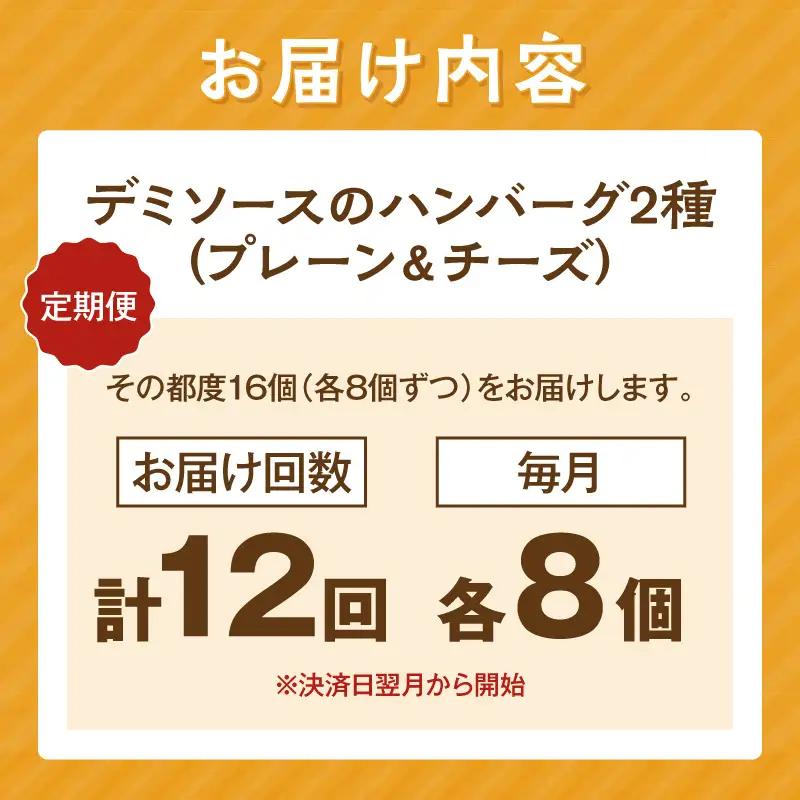 デミソースのハンバーグ2種セット（プレーン8個＆チーズ8個）計16個【毎月定期便(計12回発送)】【K-036】