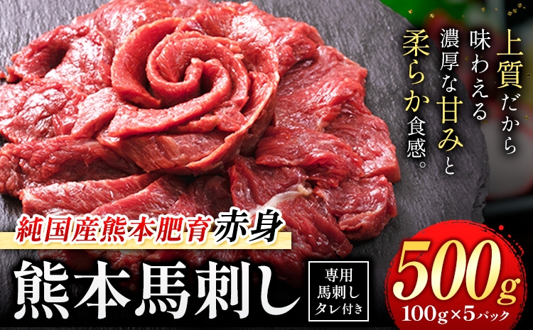 
                  赤身馬刺し 500g【純国産熊本肥育】生食用 冷凍 専用馬刺しタレ付き《3-7日以内に出荷予定(土日祝除く)》熊本県 南関町 馬刺し 赤身
                