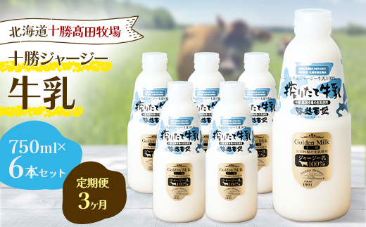 【毎月定期便】【十勝高田牧場】十勝搾りたてジャージー牛乳 750ml×6本セット全3回【配送不可地域：離島】