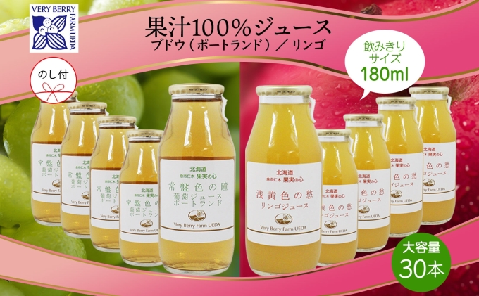 無地熨斗 ポートランド リンゴ ジュース 飲み比べ 180ml 計30本 のし付き 常盤色の瞳 ぶどう 浅黄色の愁 りんご ジュース 果汁 100 ギフト 葡萄 林檎 自然農園 お取り寄せ のし