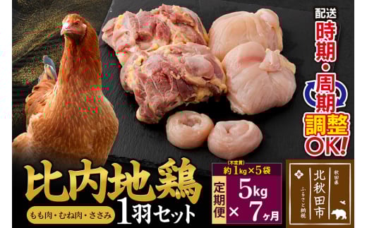 《定期便7ヶ月》 比内地鶏 1羽セット（もも肉・むね肉・ささみ）約5kg（約1kg（不定貫）×5袋）×7回 計35kg 時期選べる お届け周期調整可能 7か月 7ヵ月 7カ月 7ケ月 35キロ 国産 冷凍 正肉 鶏肉 鳥肉