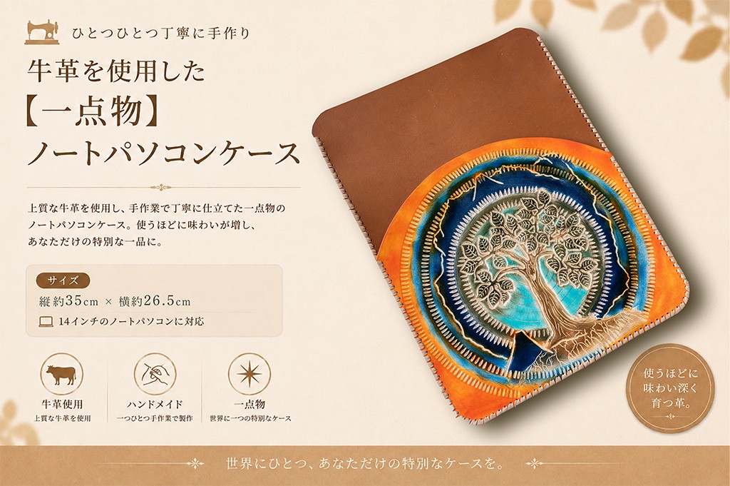 
                  【一点物】牛革 ノートパソコンケース 14インチ （ 山脈をつなぐエネルギーの木 / オレンジ・茶色） 【縦35cm、横26.5cm】[BE072ya]
                