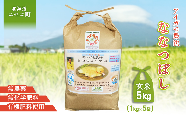 《数量限定先行受付！令和7年産米》合鴨農法ななつぼし 【玄米】【有機肥料/無農薬・無化学肥料･備蓄用】 令和7年度米 5kg(1kg×5袋)　水田環境鑑定・米食味鑑定士鑑定米【Yesclean農法認定品】【3113802】