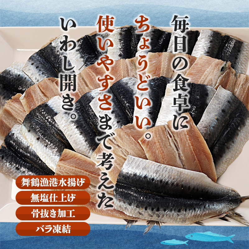 舞鶴産 無塩いわし開き 20尾  骨抜き バラ凍結 レシピ付き | 鰯 無塩 開き 骨抜き バラ 冷凍 海鮮 魚介 干物 京都 舞鶴市