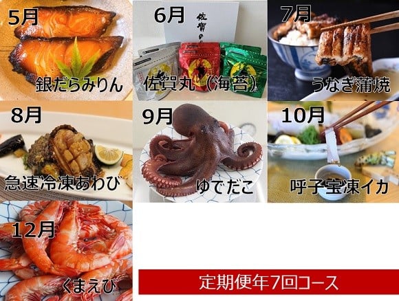 
                  【定期便セット】「佐賀の海の幸　定期便　年7回コース」（ぎんだらみりん、【セット】佐賀丸６個セット（塩のり、味のり、焼のり）、炭火焼きうなぎ蒲焼 、急速冷凍あわび、ゆでまだこ、呼子宝凍イカ、天然くまえび）
                