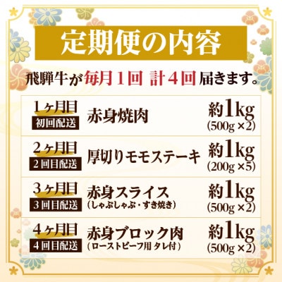 【毎月定期便】飛騨牛 赤身定期便 計4kg 焼肉 BBQ すき焼き しゃぶしゃぶ ブロック全4回【配送不可地域：離島】