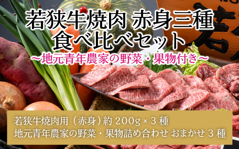 
若狭牛焼肉 赤身三種 食べ比べセット ～地元青年農家の野菜・果物付き～ [D-1803]
