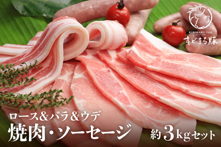 キビまる豚【 ロース & バラ & ウデ 】焼肉 ・ ソーセージ 約 3kg セット 沖縄県産 豚肉 豚 薄切り 焼肉用 焼き肉 焼肉セット BBQ 詰め合わせ 3キロ ソーセージ 冷凍 詰合せ 国産 精肉 ブランド豚 産地直送 沖縄県 糸満市