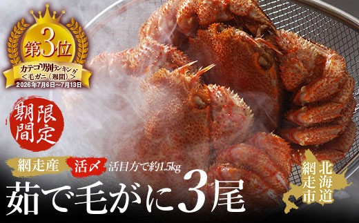 
                  【先行予約 期間限定】＜網走産＞流氷海明け活〆茹で毛がに 3尾セット【2027年4月～順次発送開始予定】【 ふるさと納税 人気 おすすめ ランキング 毛がに 毛ガニ 毛蟹 カニ ガニ 蟹 海鮮 新鮮 かに味噌 カニ味噌 浜茹で 冷蔵 オホーツク 北海道 網走市 送料無料 】 ABAO1058
                