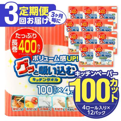 ふるさと納税 大分市 【3ヶ月毎に配送】キッチンタオル100カット(4ロール×12パック)3回お届け定期便_T10043
